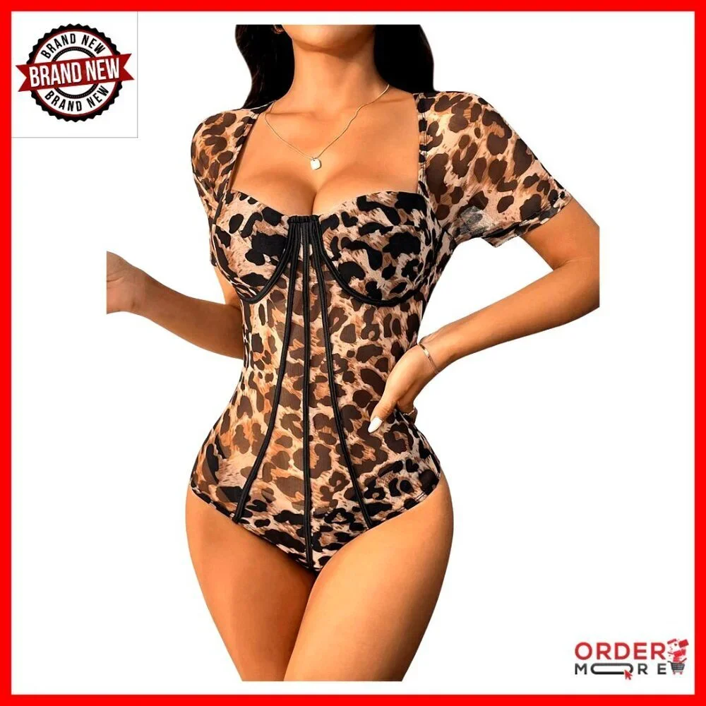 Leopard Print Mesh Corset Bodysuit Sheer Short Sleeve Y2K Chic Going Out Tops